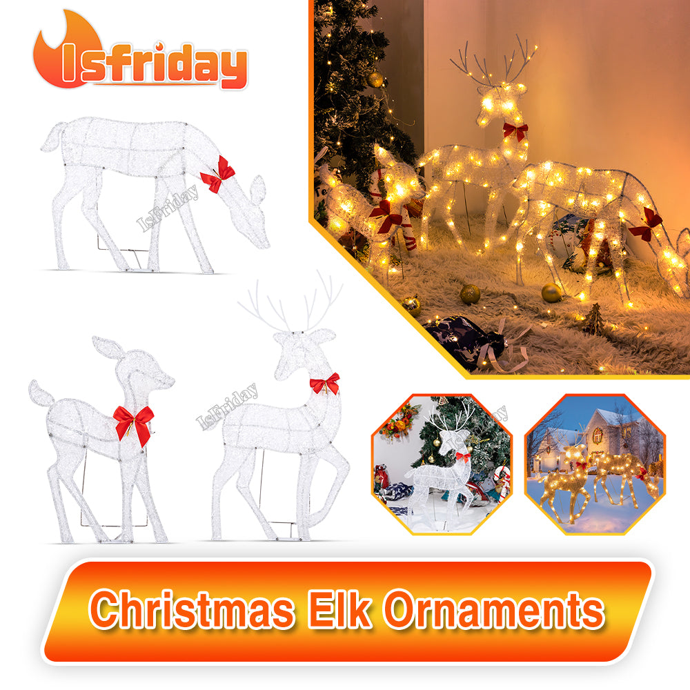 Lighted Deer Christmas Outdoor Decoration Reindeer Family Moose Lighted Holiday Display with Bell Bow Deer Lawn Garden Decor