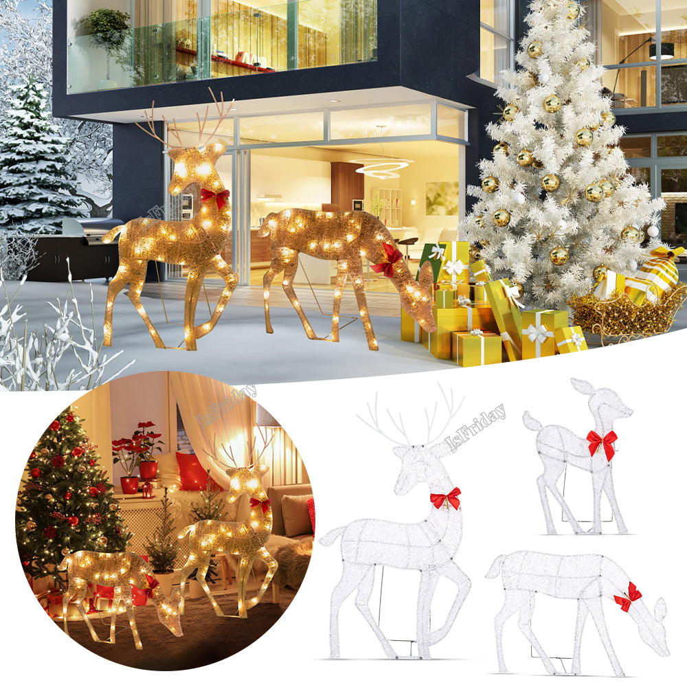 Lighted Deer Christmas Outdoor Decoration Reindeer Family Moose Lighted Holiday Display with Bell Bow Deer Lawn Garden Decor