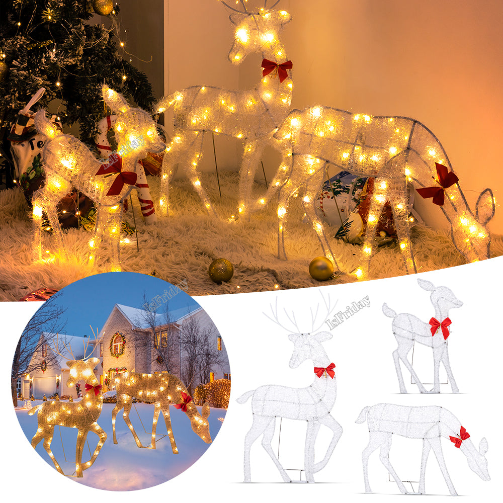 Lighted Deer Christmas Outdoor Decoration Reindeer Family Moose Lighted Holiday Display with Bell Bow Deer Lawn Garden Decor