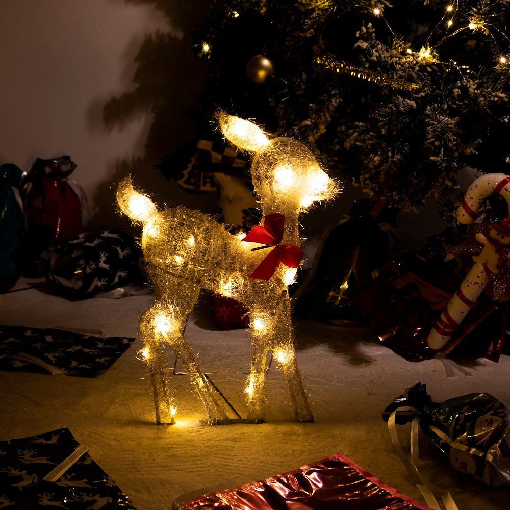 Lighted Deer Christmas Outdoor Decoration Reindeer Family Moose Lighted Holiday Display with Bell Bow Deer Lawn Garden Decor