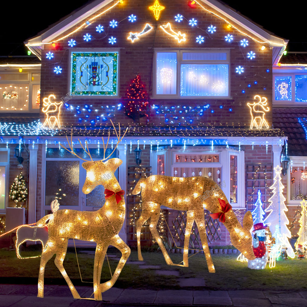 Lighted Deer Christmas Outdoor Decoration Reindeer Family Moose Lighted Holiday Display with Bell Bow Deer Lawn Garden Decor