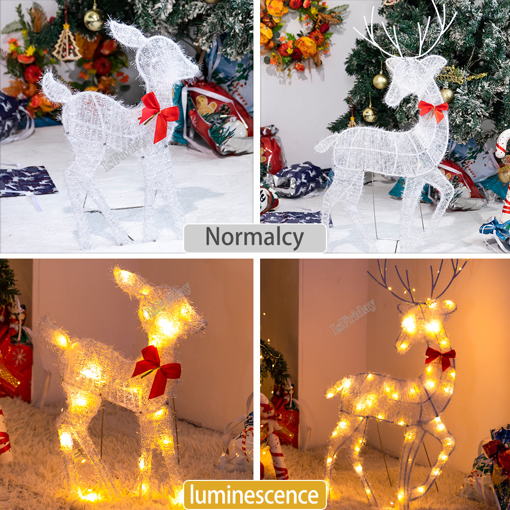 Lighted Deer Christmas Outdoor Decoration Reindeer Family Moose Lighted Holiday Display with Bell Bow Deer Lawn Garden Decor