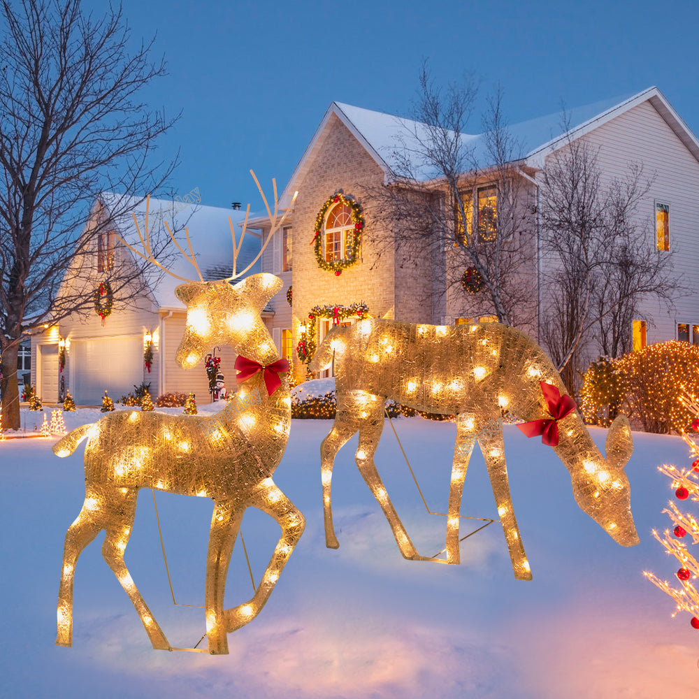 Lighted Deer Christmas Outdoor Decoration Reindeer Family Moose Lighted Holiday Display with Bell Bow Deer Lawn Garden Decor