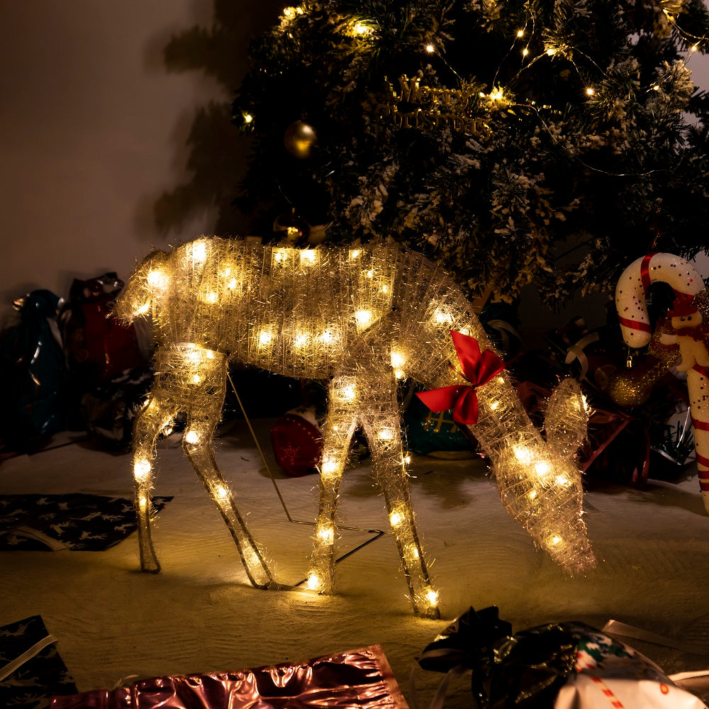 Lighted Deer Christmas Outdoor Decoration Reindeer Family Moose Lighted Holiday Display with Bell Bow Deer Lawn Garden Decor