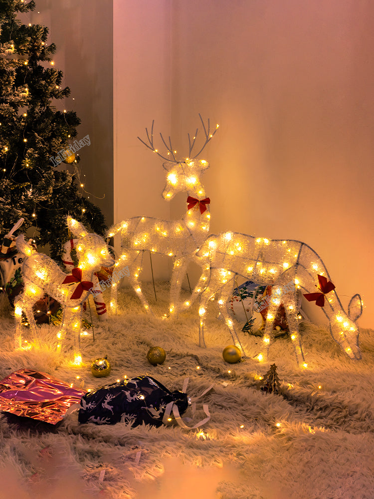 Lighted Deer Christmas Outdoor Decoration Reindeer Family Moose Lighted Holiday Display with Bell Bow Deer Lawn Garden Decor
