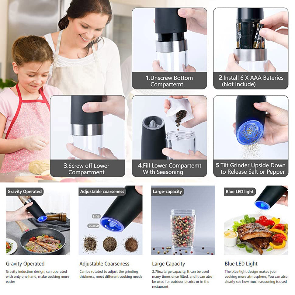 Gravity Electric Pepper and Salt Grinder Set Adjustable Coarseness Battery Powered with LED Light Stainless Steel Black 2 Pack