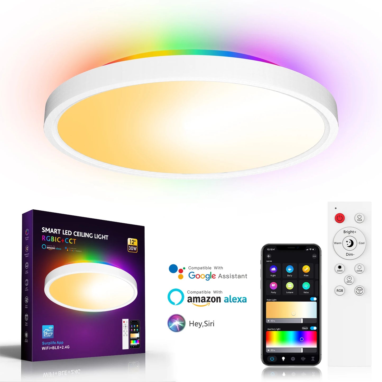 Smart Ceiling Light WiFi Bluetooth RGB Circular Ambient Lamp APP Control AI Lighting Waterproof for Bedroom & Living Room Home
