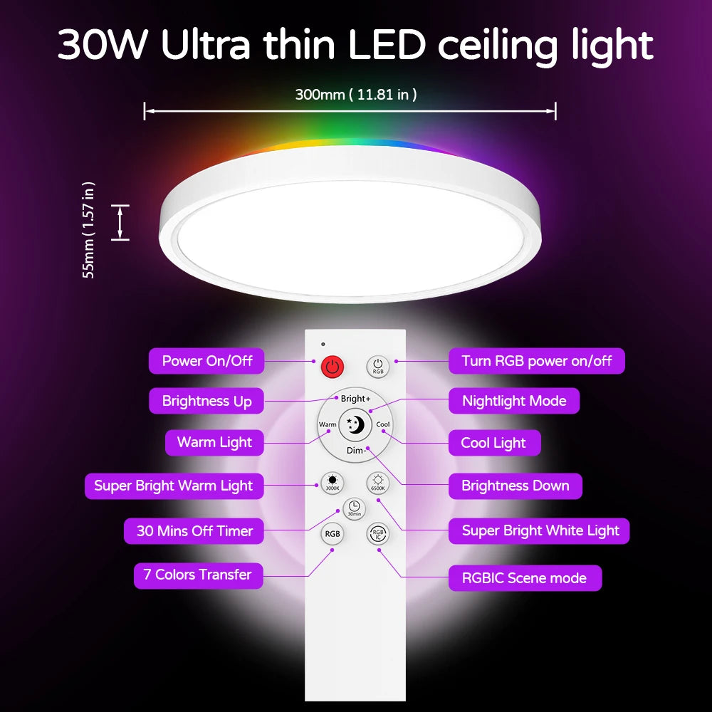 Smart Ceiling Light WiFi Bluetooth RGB Circular Ambient Lamp APP Control AI Lighting Waterproof for Bedroom & Living Room Home