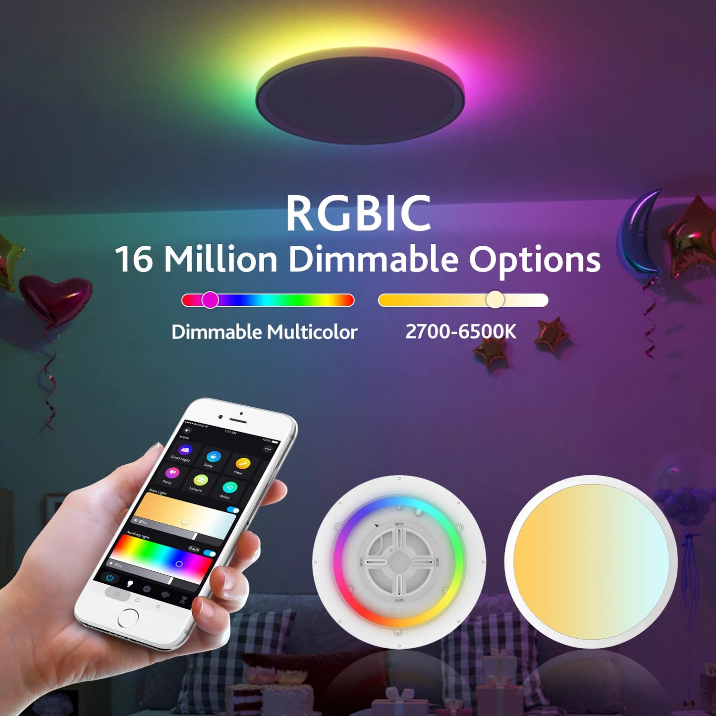 Smart Ceiling Light WiFi Bluetooth RGB Circular Ambient Lamp APP Control AI Lighting Waterproof for Bedroom & Living Room Home