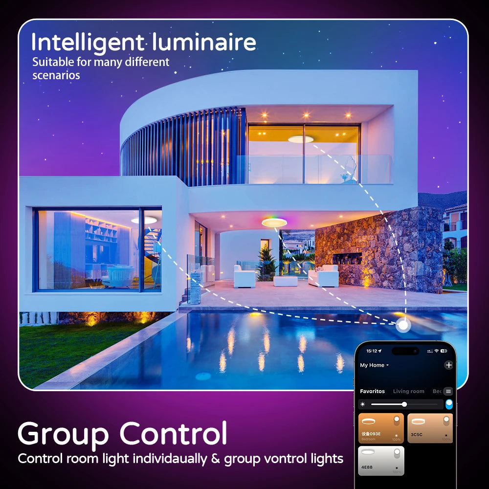 Smart Ceiling Light WiFi Bluetooth RGB Circular Ambient Lamp APP Control AI Lighting Waterproof for Bedroom & Living Room Home
