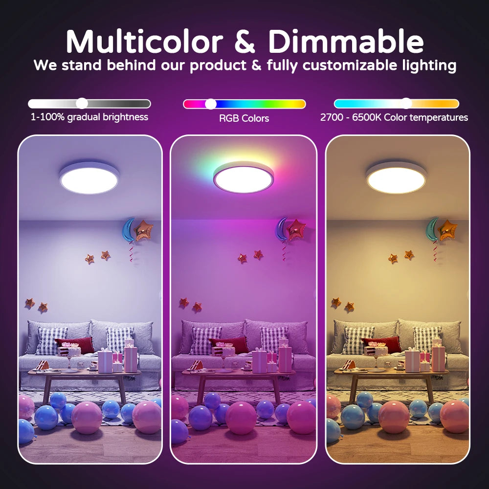 Smart Ceiling Light WiFi Bluetooth RGB Circular Ambient Lamp APP Control AI Lighting Waterproof for Bedroom & Living Room Home