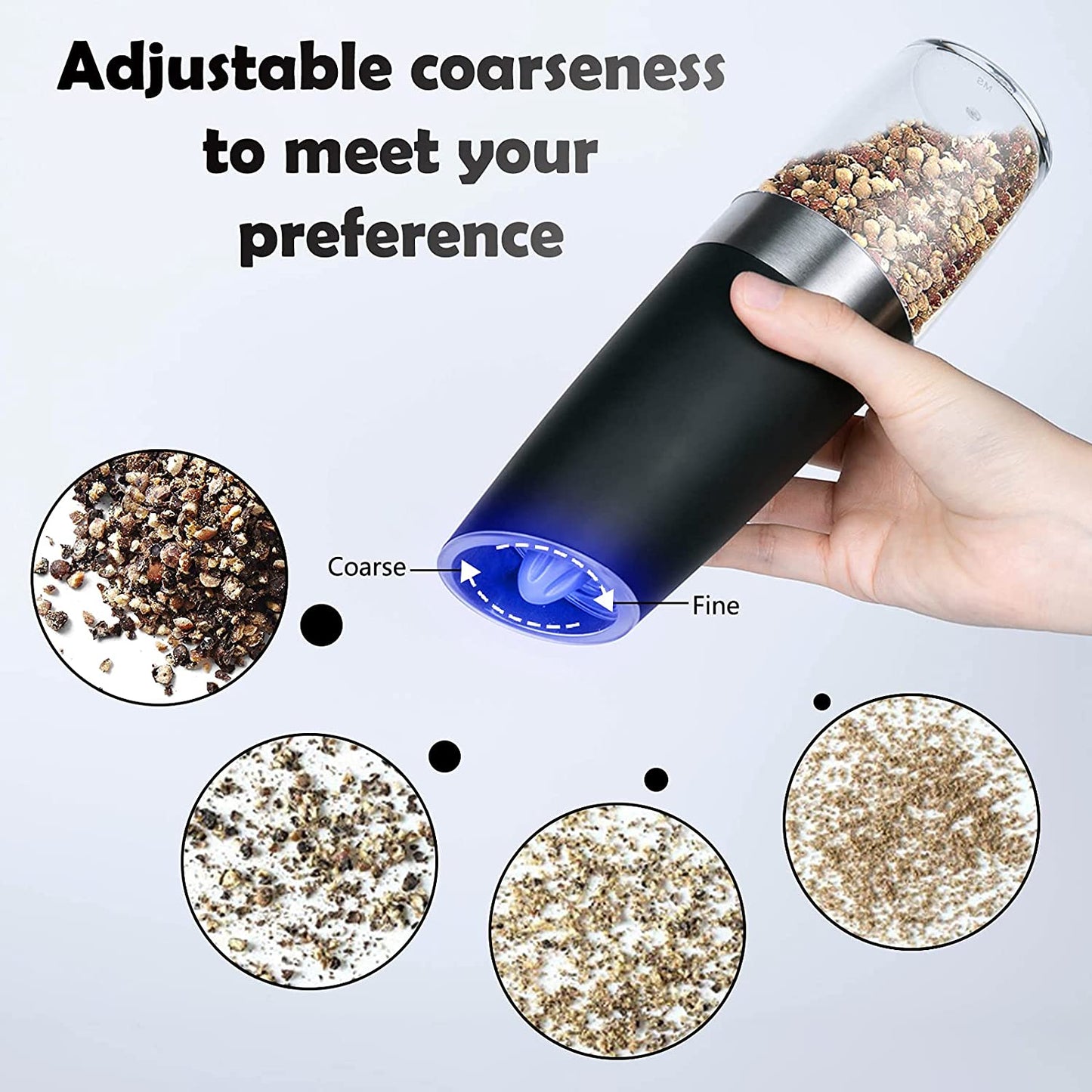 Gravity Electric Pepper and Salt Grinder Set Adjustable Coarseness Battery Powered with LED Light Stainless Steel Black 2 Pack