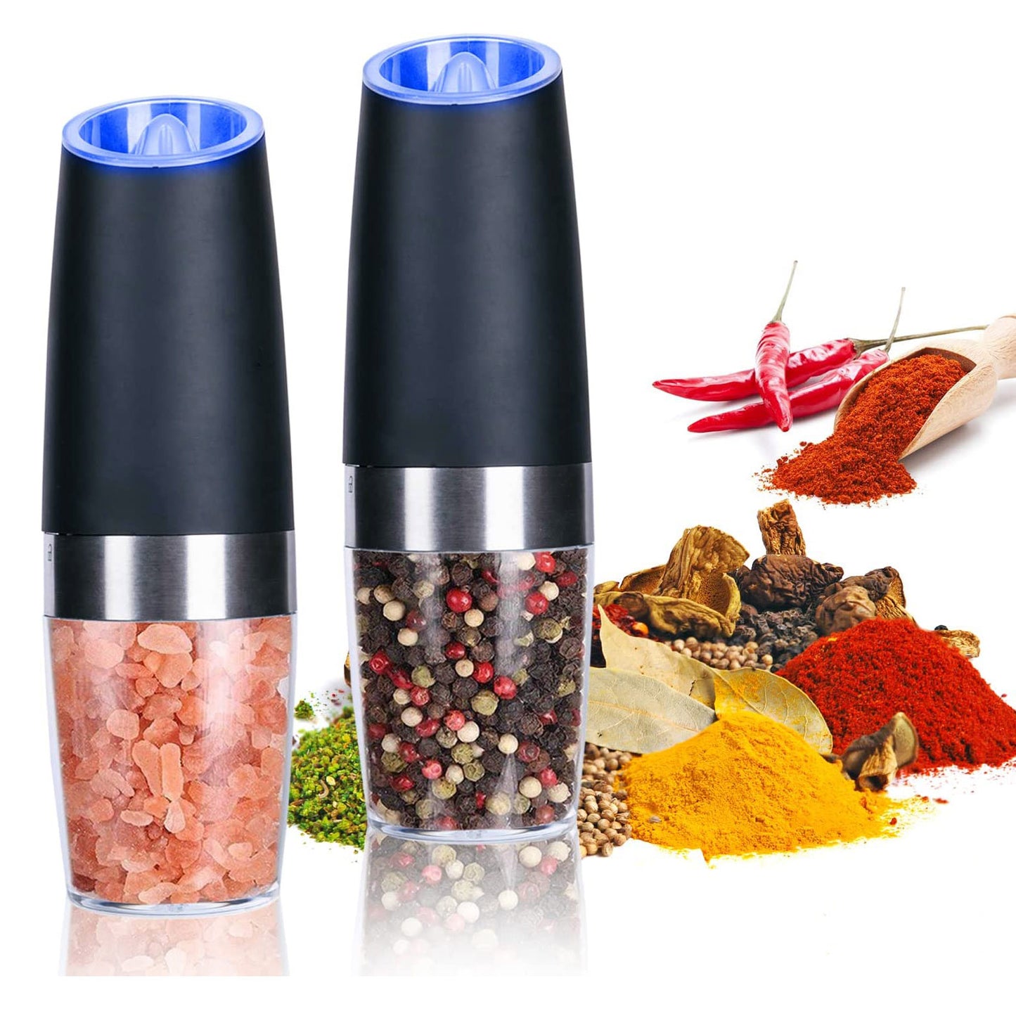 Gravity Electric Pepper and Salt Grinder Set Adjustable Coarseness Battery Powered with LED Light Stainless Steel Black 2 Pack