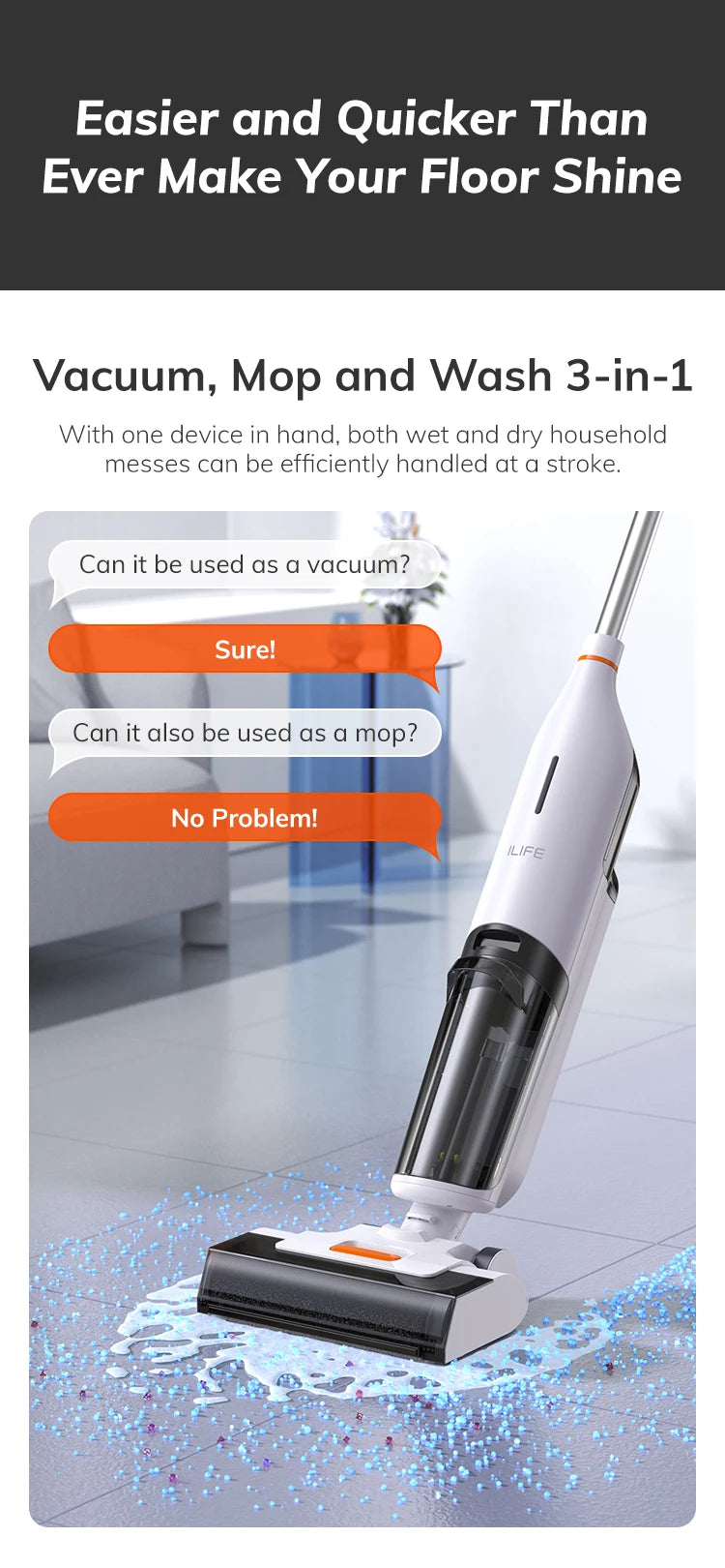 Ilife W90 Cordless Wireless Wet Dry Smart Mop Washing, 5500Pa Suction, 1 Min Self Cleaning, Large Dual Water Tank