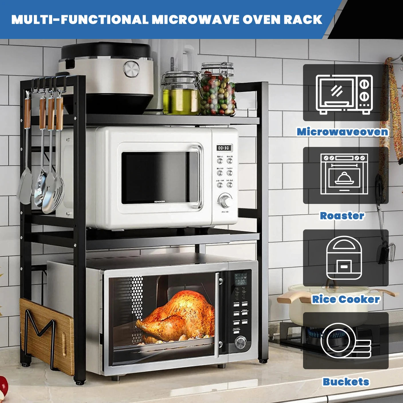 Expandable Microwave Oven Rack 2 Tier microwave shelf, with 6 hooks Adjustable Width Kitchen Counter Organizer Shelf Stand