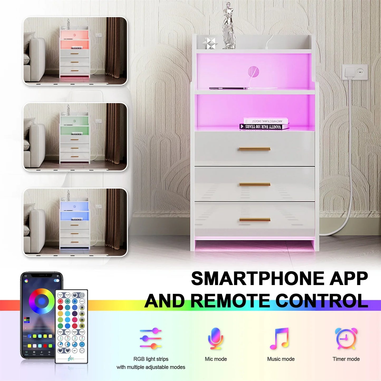 3 Drawers Smart Bedside Table