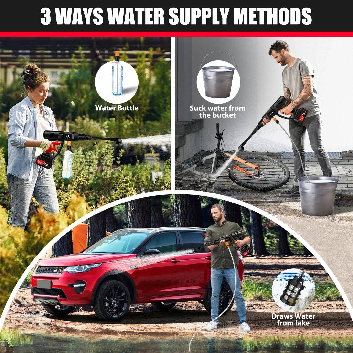 21V Cordless Power Washer Gun, Portable Pressure Cleaner with 2 Batteries & 5M Hose, 25CM Jet Wash for Car, Bike, Yard, Home