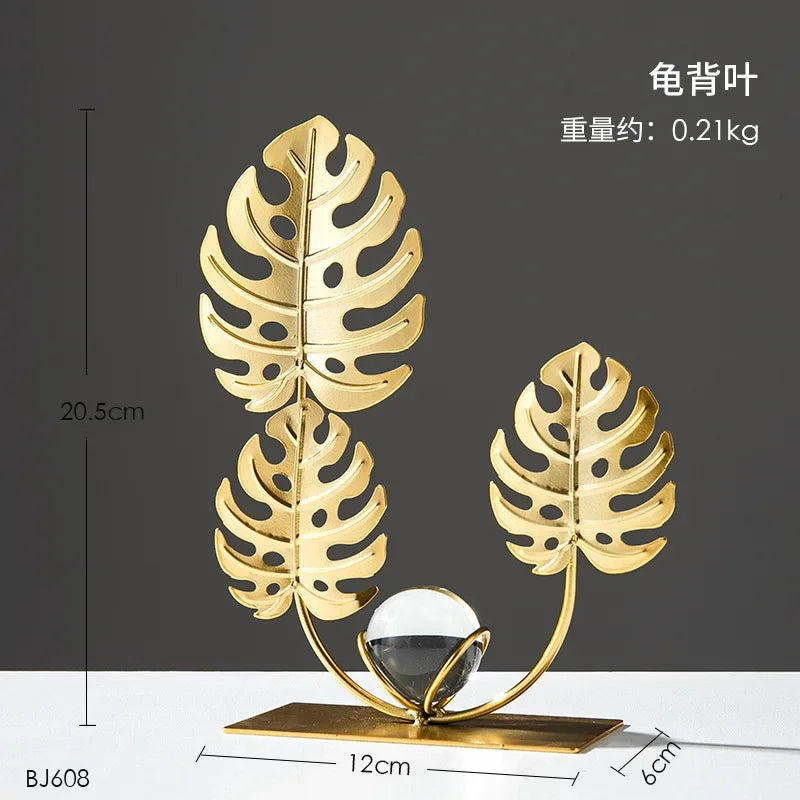 Gold Ginkgo Leaf Iron Crafts Decoration Light Luxury Crystal Ball Ornaments Living Room TV Wine Cabinet Xuan Guan Handicrafts