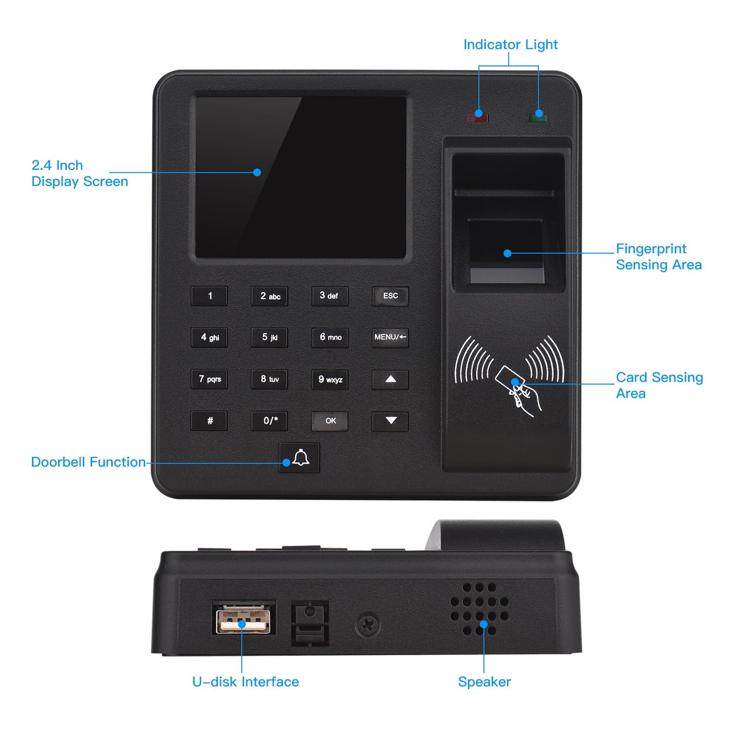 Access Control Time Attendance Machine Fingerprint/Password/ID Card Recognition Time Clock with 2.4 Inch Display Screen Employee