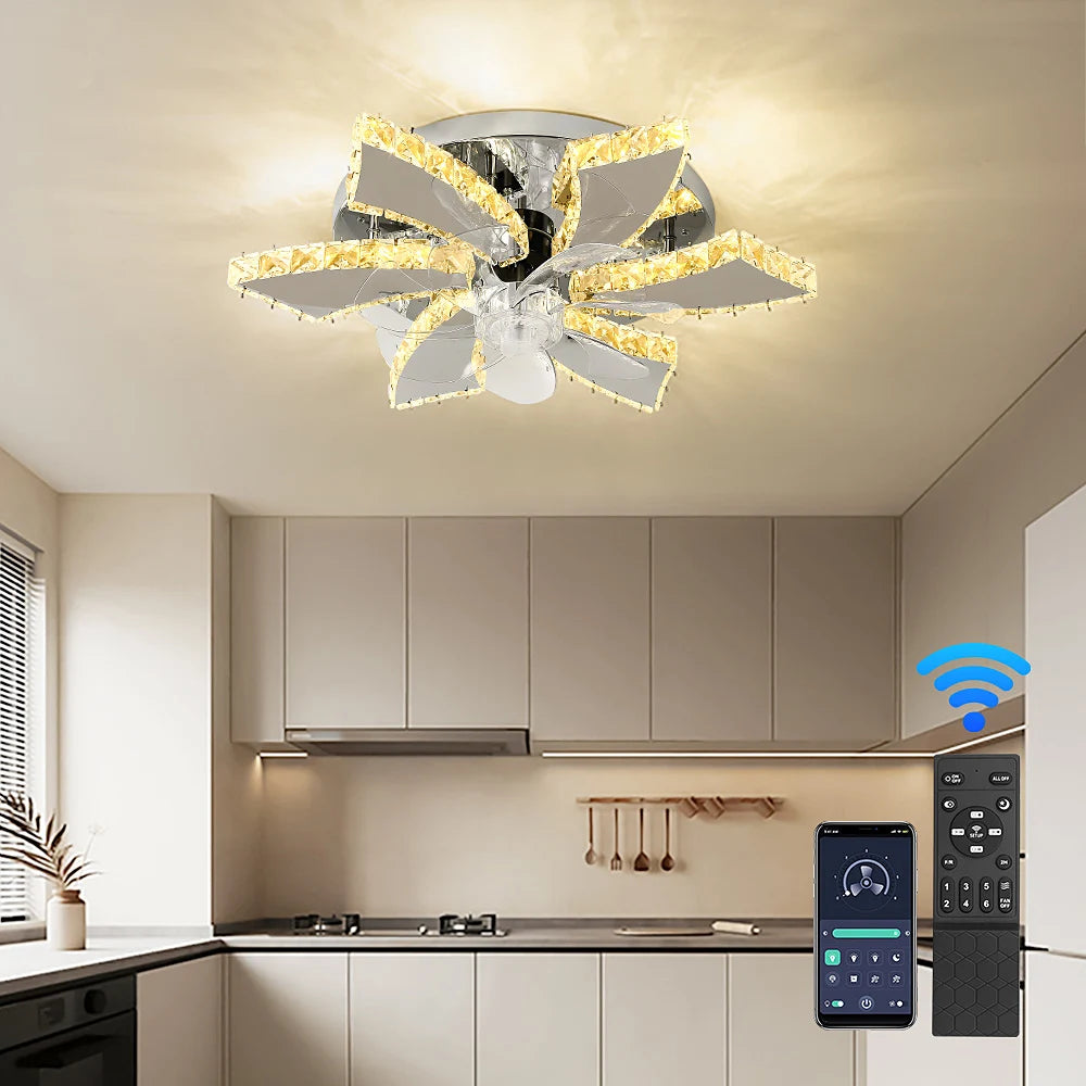 Modern Ceiling Fan Lamp APP Remote Control Crystal Led Chandelier Fan Light Bedroom Living Room Home Appliance Decor Fixture
