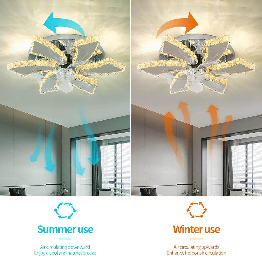 Modern Ceiling Fan Lamp APP Remote Control Crystal Led Chandelier Fan Light Bedroom Living Room Home Appliance Decor Fixture