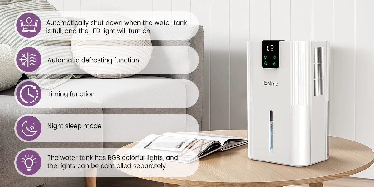LOEFME Silent Dehumidifier 2.8L Large Air Dehumidifier 650ml/Day with Touch Display LED Light for Home Bedroom Office Basement
