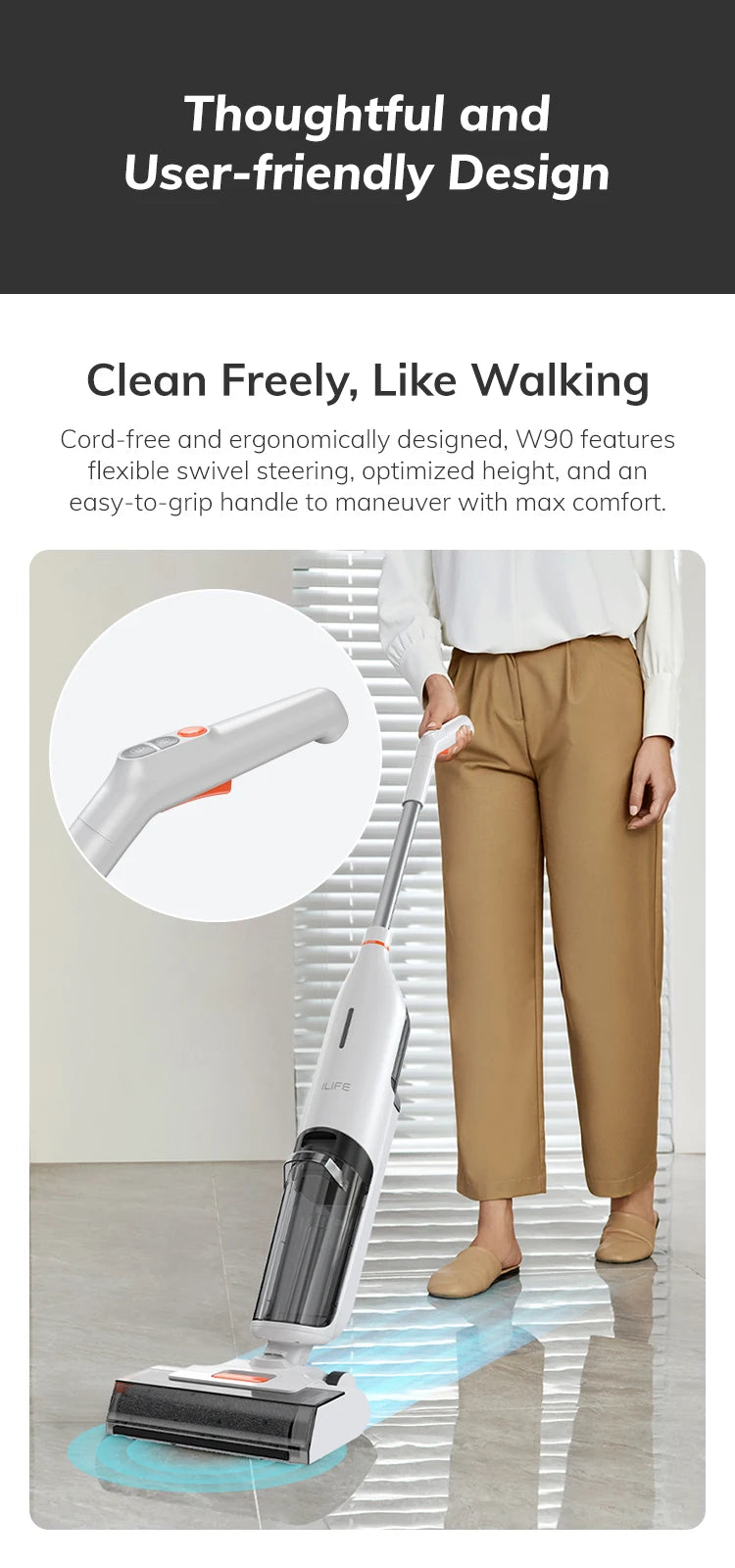 Ilife W90 Cordless Wireless Wet Dry Smart Mop Washing, 5500Pa Suction, 1 Min Self Cleaning, Large Dual Water Tank