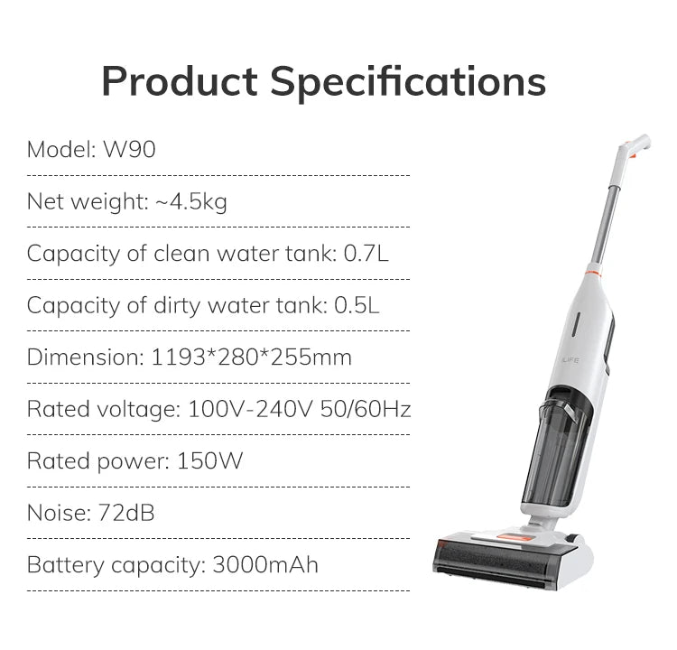 Ilife W90 Cordless Wireless Wet Dry Smart Mop Washing, 5500Pa Suction, 1 Min Self Cleaning, Large Dual Water Tank
