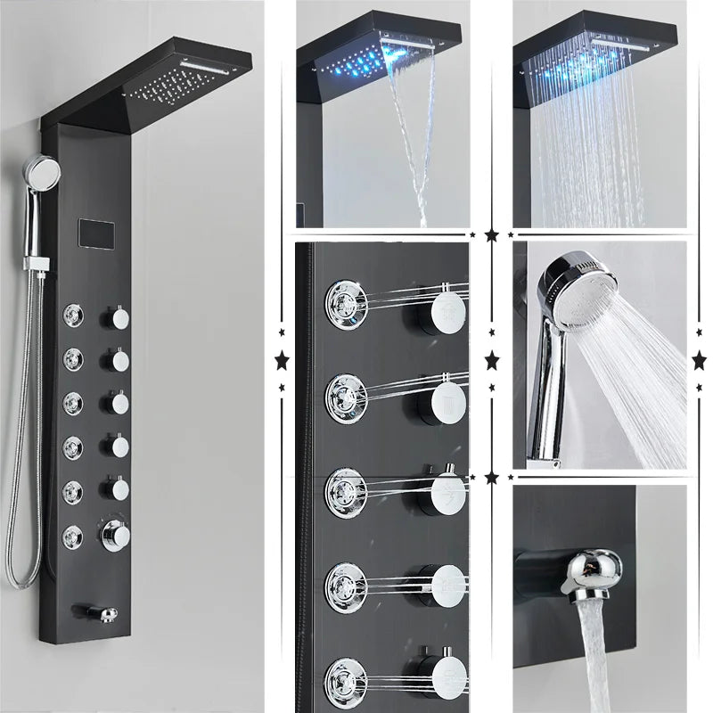 Black/Brushed Bathroom Shower Faucet Set LED Rainfall Shower Panel System Bathtub Water Mixer Tap Massage SPA Temperature Screen