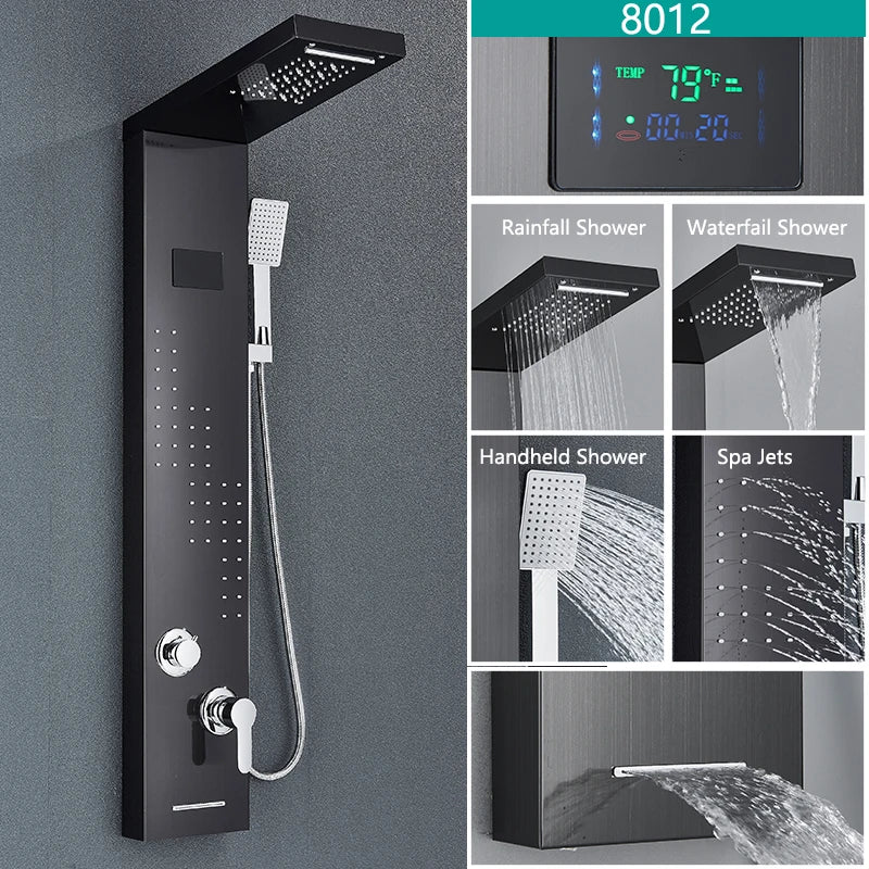 Bathroom LED Light Rain Waterfall Shower Panel Faucet Body Massage Jets Shower Faucet Stainless Steel Tub Spout Shower Column
