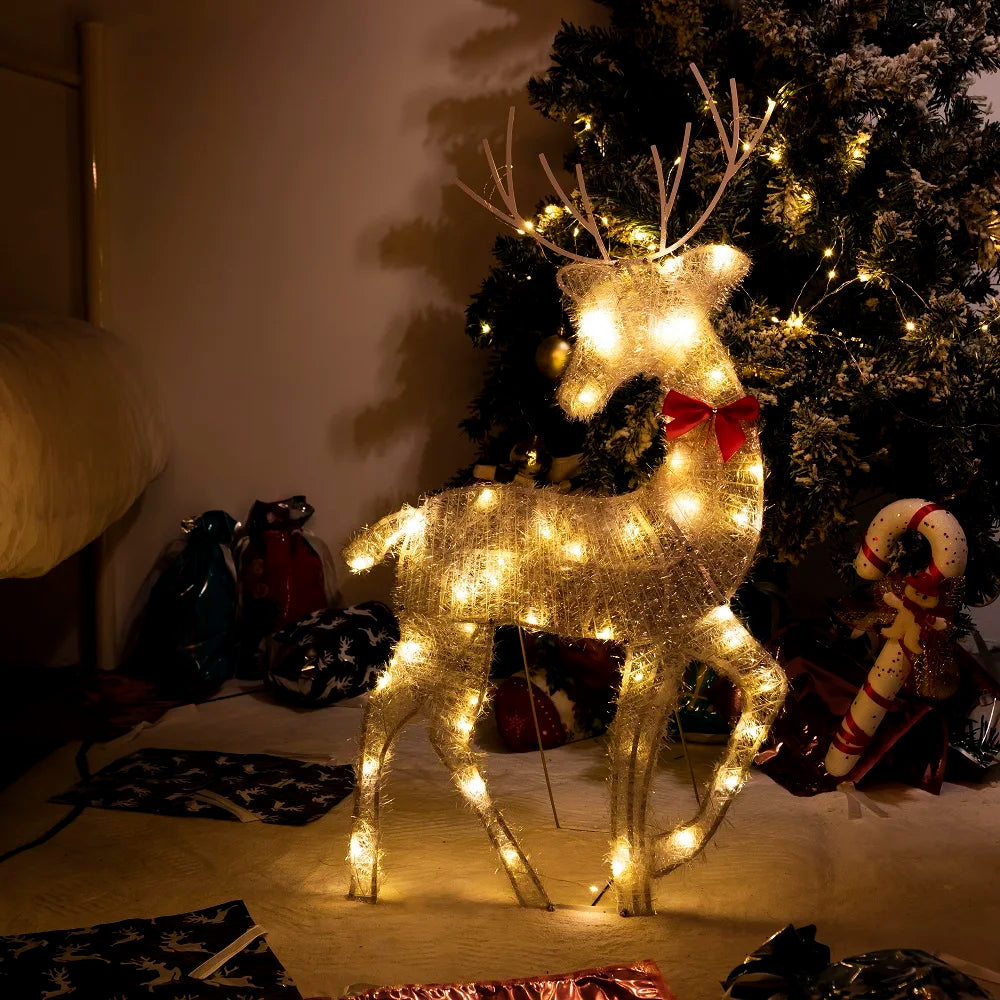 Lighted Deer Christmas Outdoor Decoration Reindeer Family Moose Lighted Holiday Display with Bell Bow Deer Lawn Garden Decor
