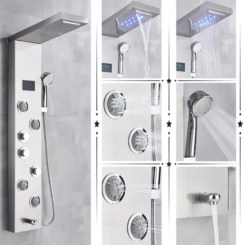 Black/Brushed Bathroom Shower Faucet Set LED Rainfall Shower Panel System Bathtub Water Mixer Tap Massage SPA Temperature Screen