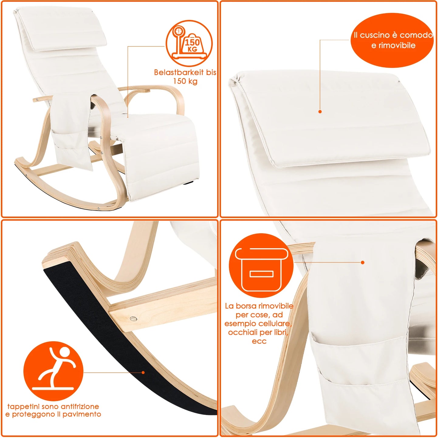 Getone Rocking Chair, Resting Armchair, Nursing Chair with Armrests Footrest for Bedroom Living Room, White / Grey 2 Colors