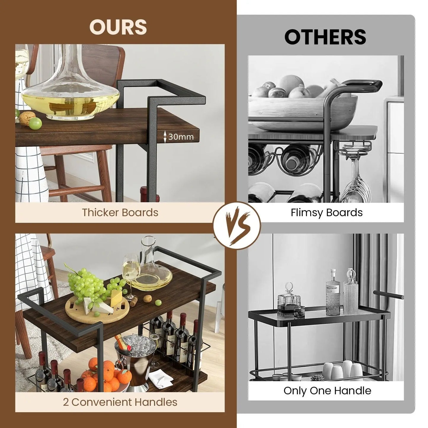 GOFLAME 2-tier Home Bar Cart Kitchen Dining Storage Mobile Cart w/Lockable Wheel