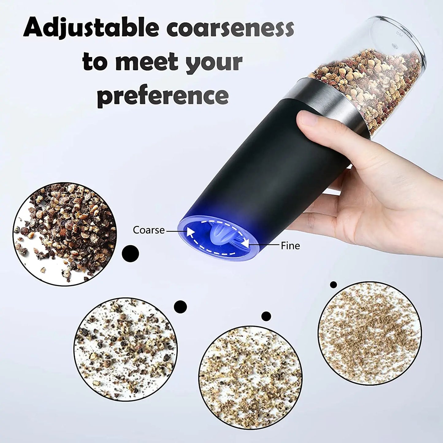 Gravity Electric Pepper and Salt Grinder Set Adjustable Coarseness Battery Powered with LED Light Stainless Steel Black 2 Pack