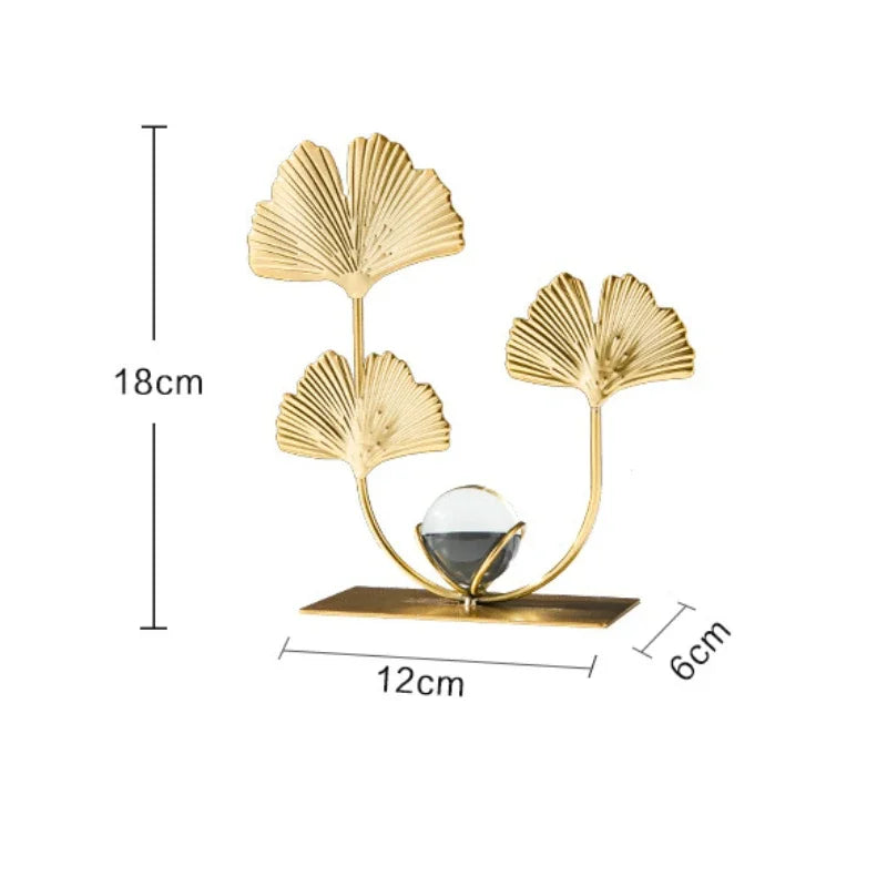 Gold Ginkgo Leaf Iron Crafts Decoration Light Luxury Crystal Ball Ornaments Living Room TV Wine Cabinet Xuan Guan Handicrafts