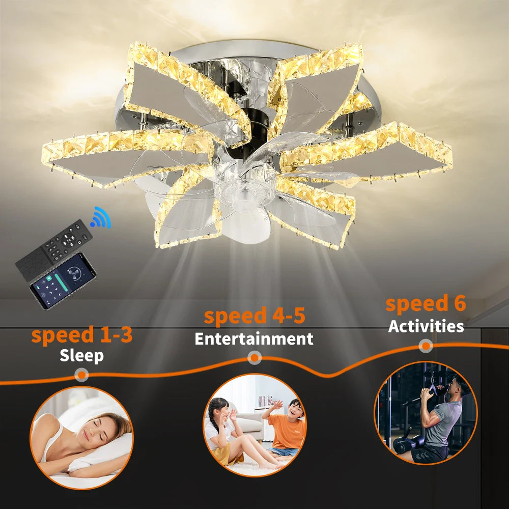 Modern Ceiling Fan Lamp APP Remote Control Crystal Led Chandelier Fan Light Bedroom Living Room Home Appliance Decor Fixture