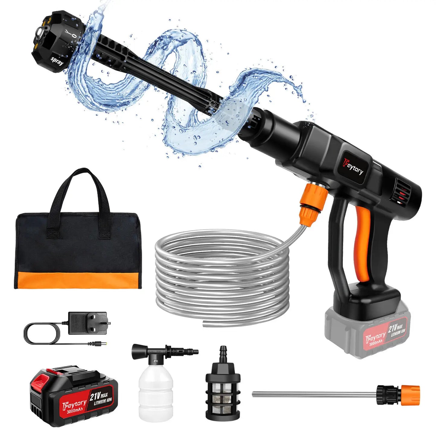 21V Cordless Power Washer Gun, Portable Pressure Cleaner with 2 Batteries & 5M Hose, 25CM Jet Wash for Car, Bike, Yard, Home