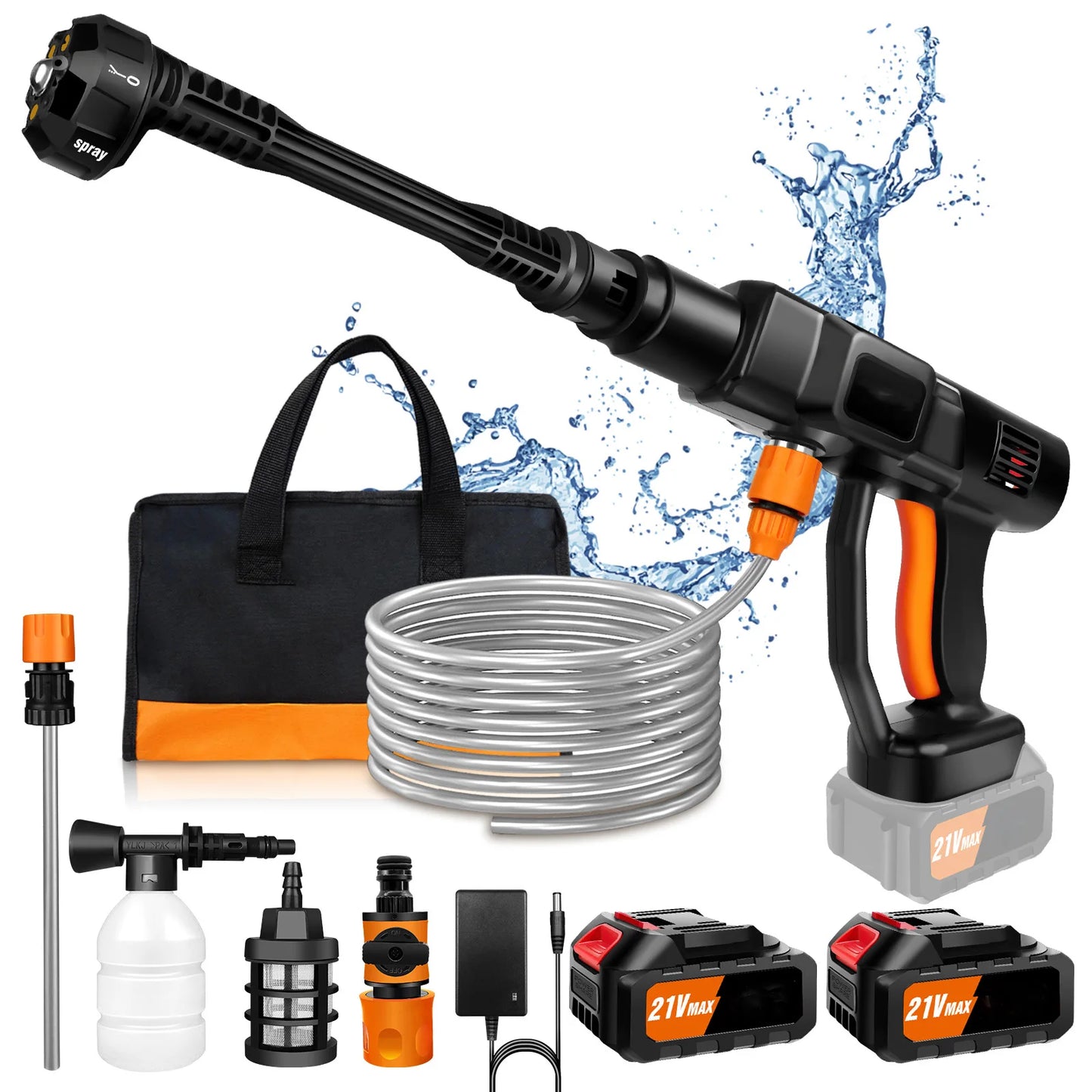 21V Cordless Power Washer Gun, Portable Pressure Cleaner with 2 Batteries & 5M Hose, 25CM Jet Wash for Car, Bike, Yard, Home