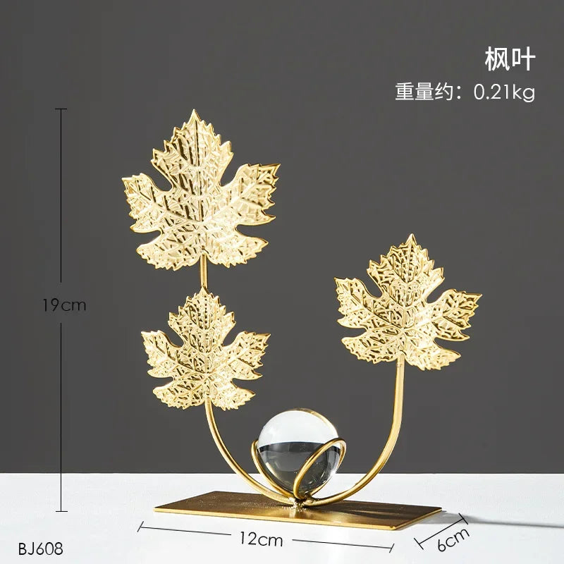 Gold Ginkgo Leaf Iron Crafts Decoration Light Luxury Crystal Ball Ornaments Living Room TV Wine Cabinet Xuan Guan Handicrafts
