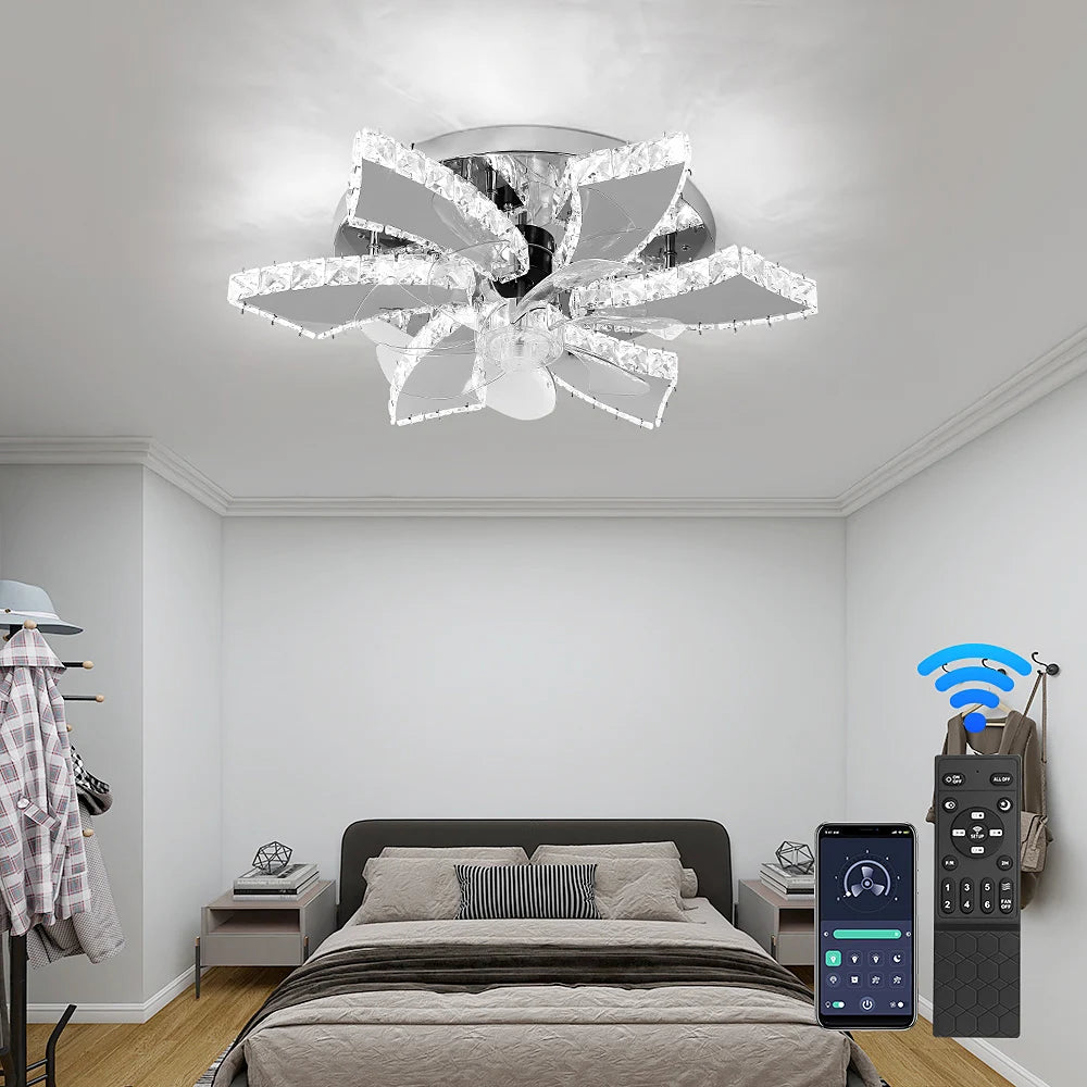 Modern Ceiling Fan Lamp APP Remote Control Crystal Led Chandelier Fan Light Bedroom Living Room Home Appliance Decor Fixture