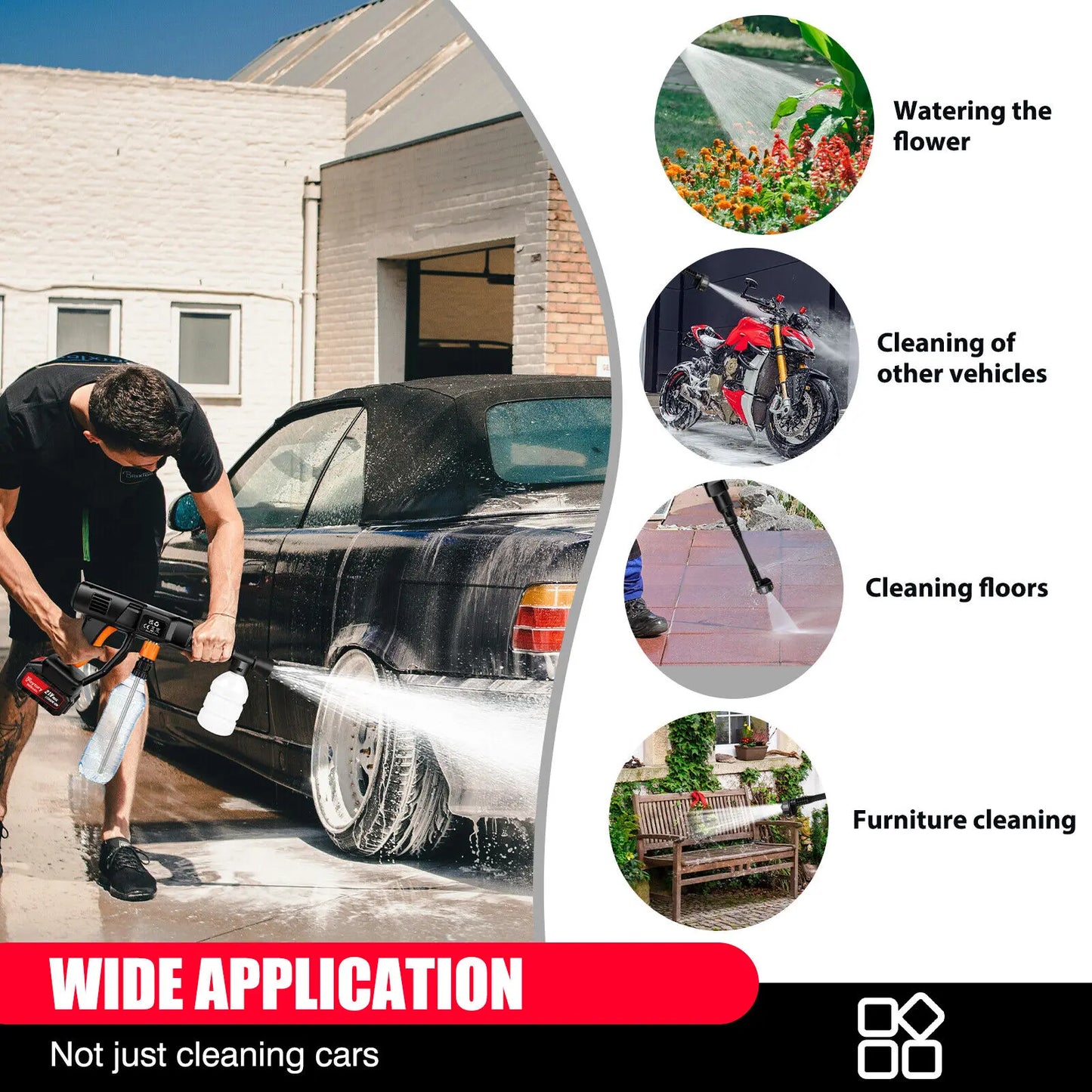 21V Cordless Power Washer Gun, Portable Pressure Cleaner with 2 Batteries & 5M Hose, 25CM Jet Wash for Car, Bike, Yard, Home