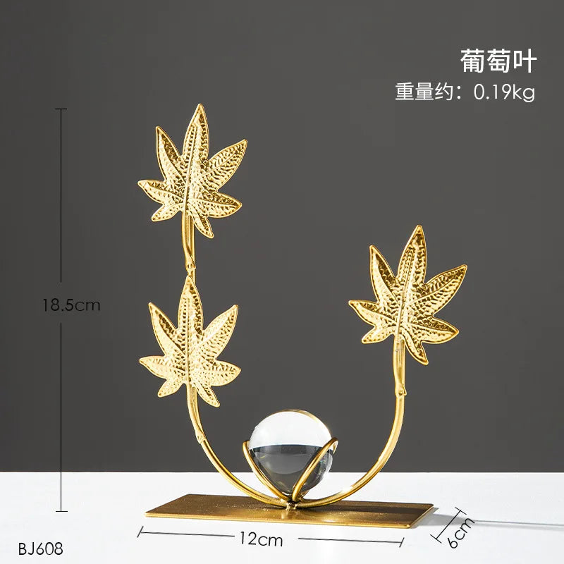 Gold Ginkgo Leaf Iron Crafts Decoration Light Luxury Crystal Ball Ornaments Living Room TV Wine Cabinet Xuan Guan Handicrafts