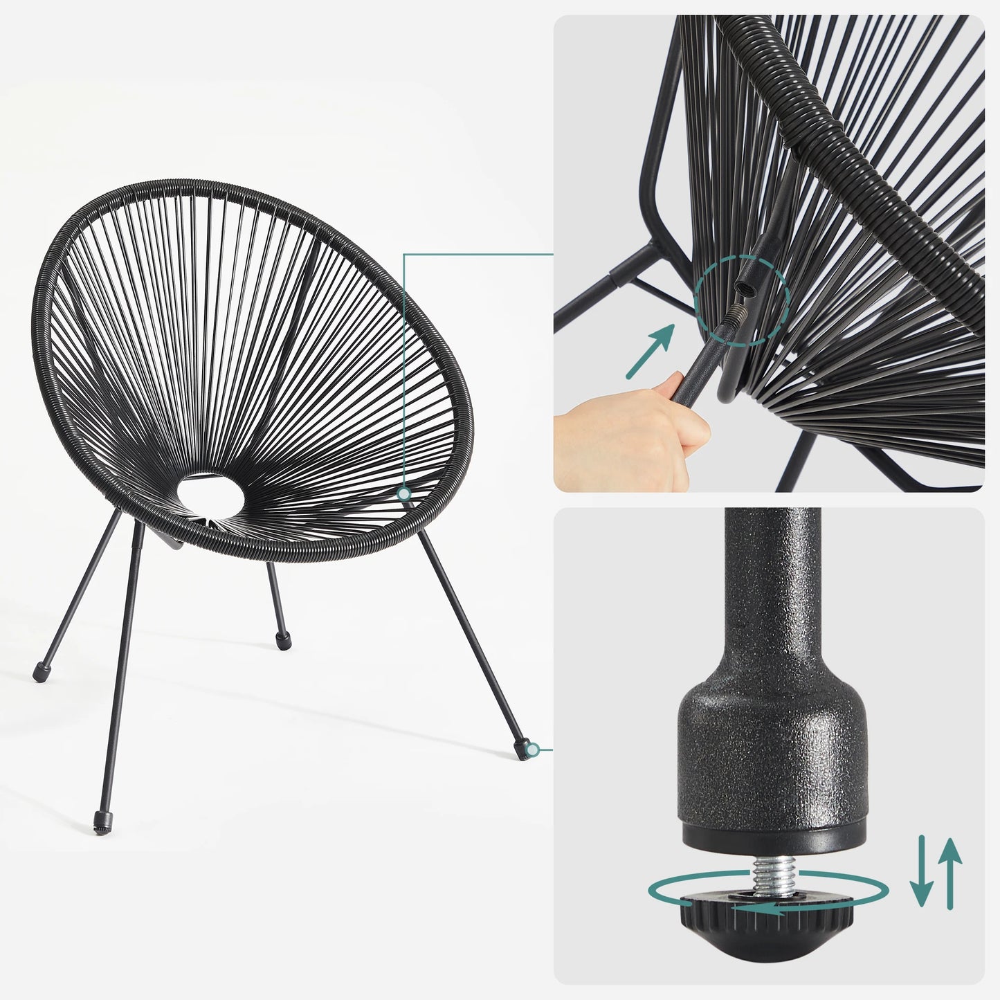 SONGMICS Garden Patio Furniture Set 3 Pieces, Acapulco Chair, Outdoor Seating, Glass Top Table and 2 Chairs
