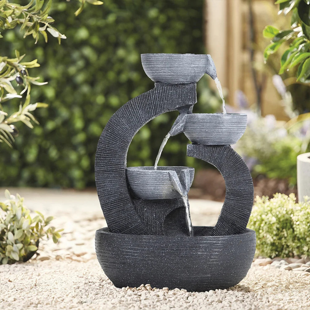 【Breeins】Rustic Outdoor Floor Water Fountain High with LED Light Cascading Bowls for Garden Patio Backyard