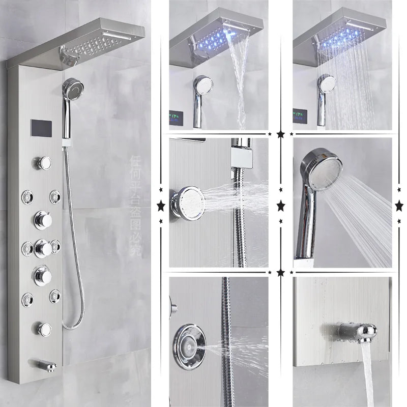 Black/Brushed Bathroom Shower Faucet Set LED Rainfall Shower Panel System Bathtub Water Mixer Tap Massage SPA Temperature Screen