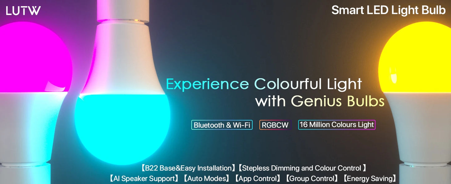 2pcs Smart Light Bulb B22 Bayonet 220V Colour Changing Light Compatible with Echo Alexa Google Home 9W RGBCW Bluetooth WiFi