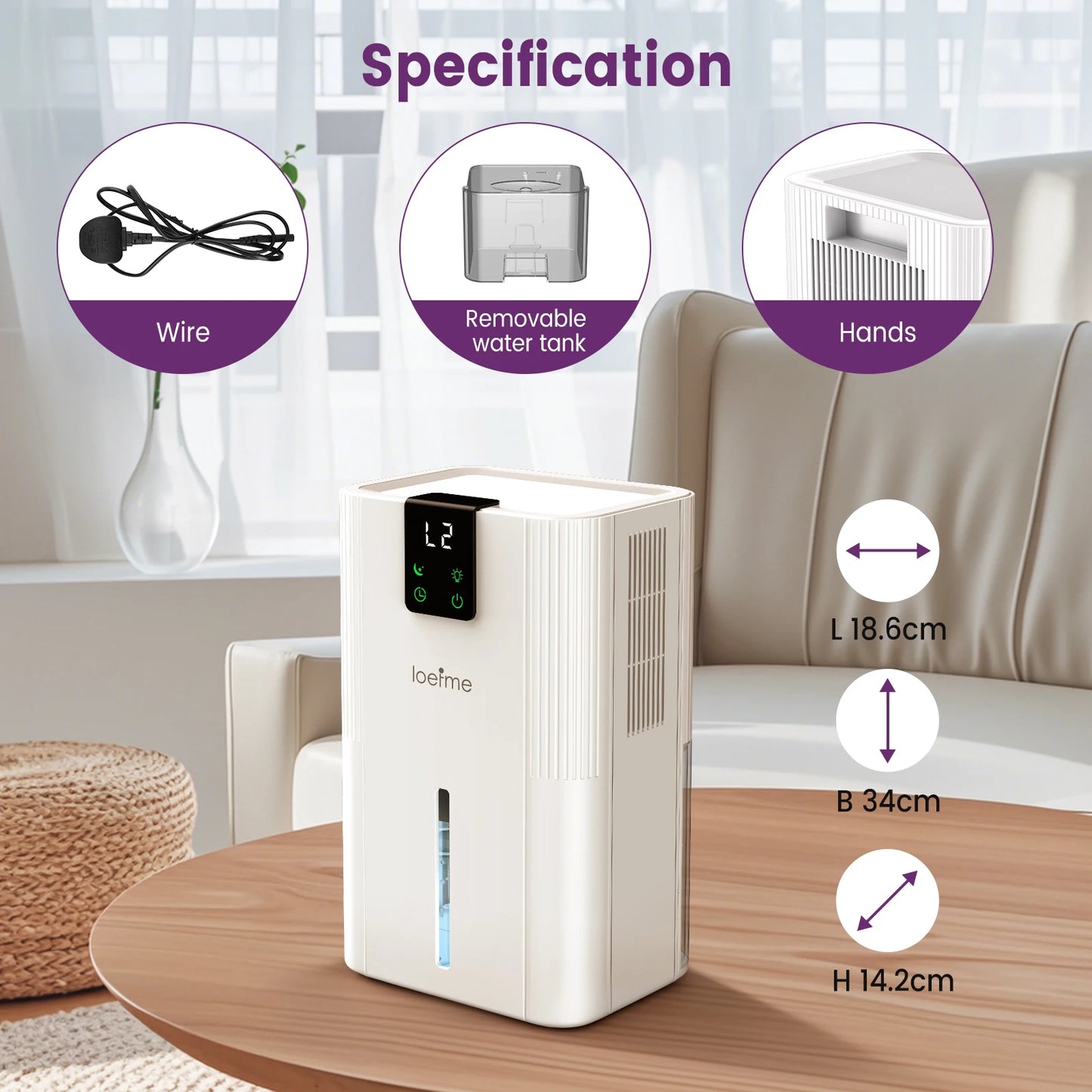 LOEFME Silent Dehumidifier 2.8L Large Air Dehumidifier 650ml/Day with Touch Display LED Light for Home Bedroom Office Basement