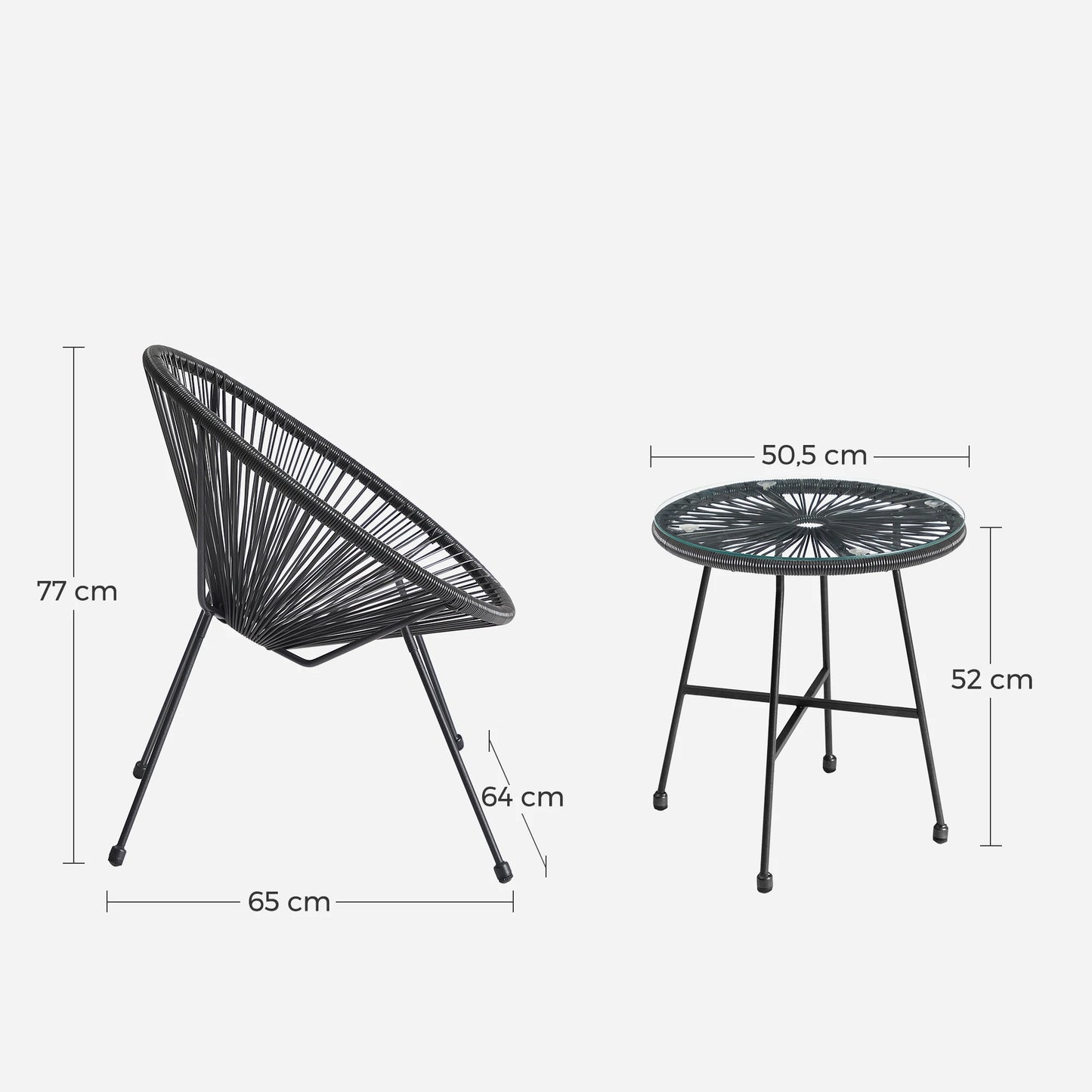 SONGMICS Garden Patio Furniture Set 3 Pieces, Acapulco Chair, Outdoor Seating, Glass Top Table and 2 Chairs