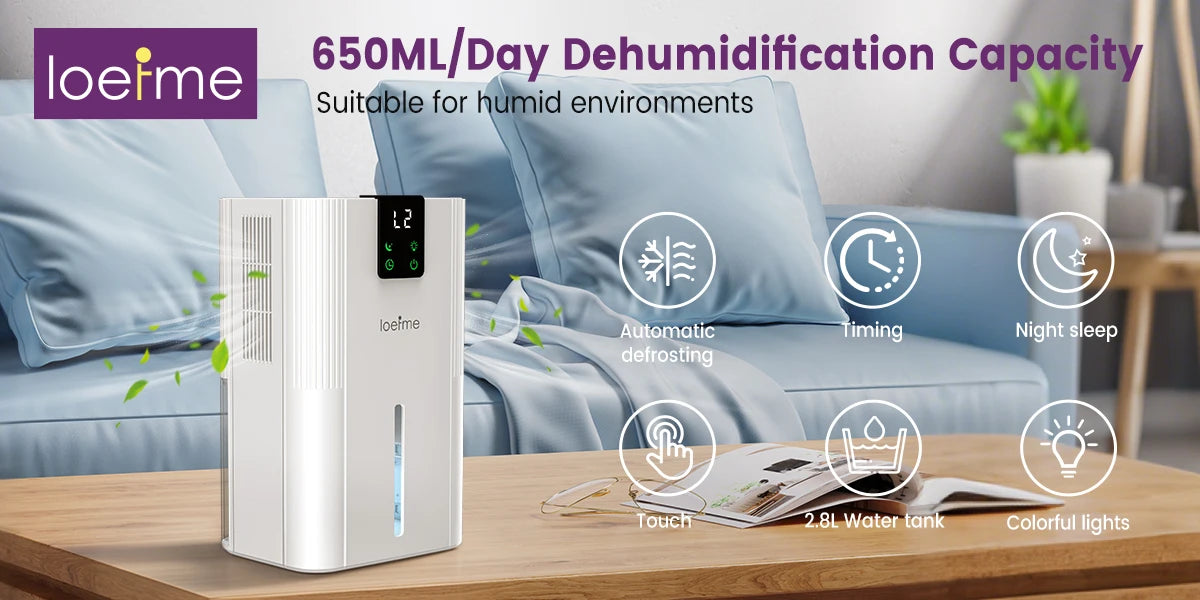 LOEFME Silent Dehumidifier 2.8L Large Air Dehumidifier 650ml/Day with Touch Display LED Light for Home Bedroom Office Basement